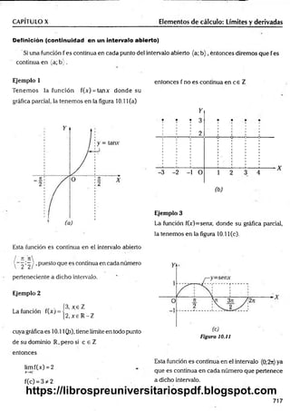 CAPÍTULO X Elementos de cálculo: Límites y derivadas
Definición (continuidad en un intervalo abierto)
Si una función f es continua en cada punto del intervalo abierto {a; b ) , entonces diremos que f es
continua en (a; b ; .
Ejemplo 1
Tenem os la función f(x) = tanx donde su
gráfica parcial, la tenemos en la figura 10.11(a)
entonces f no es continua en ce Z
-3
Y
í T 3
: : 2
-2 -1 O 3 4
X
(b)
Ejemplo 3
La función f(Y)=senx, donde su gráfica parcial,
la tenemos en la figura 10.11 Ce).
Esta función es continua en el. intervalo abierto
/ n n 
 2 ’2 / ’Puesto Que es continua en cada numero
perteneciente a dicho intervalo.
Ejemplo 2
, . f3, x e T
La función fCArj = i
,[2 ,x e R -Z
cuya gráfica es 10.11 (,b), tiene límite en todo punto
de su dominio R, pero si c e Z
entonces
limf(x) = 2
X ~ ¥C '
f(c) = 3 # 2
Figura 10.il
Esta función es continua en el intervalo (0;2n) ya
que es continua en cada número que pertenece
a dicho intervalo.
717
https://librospreuniversitariospdf.blogspot.com
 