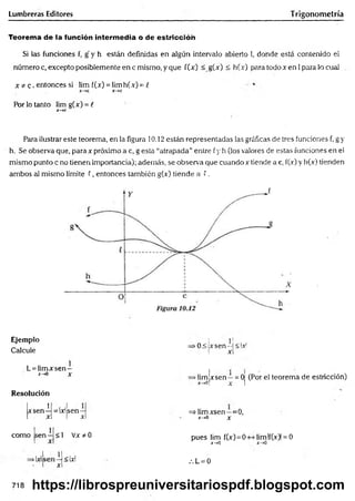 Lumbreras Editores Trigonometría
Teorema de la función intermedia o de estricción
Si las funciones f, g' y h están definidas en algún intervalo abierto I, donde está contenido ei
número c, excepto posiblemente en e mismo, y que f(x) < g(x) < h(x) para todo x en Ipara lo cual
x * c , entonces si lim f(x) = lim h(x) = i
X — >C X — >c
Por lo tanto lim g(x) = l
X ~ *C
Para ilustrar este teorema, en la figura 10.12 están representadas las gráficas de tres funciones f, g y
h. Se observa que, para x próximo a c, g esta “atrapada” entre fy h (los valores de estas funciones en el
mismo punto c no tienen importancia); además, se observa que cuando* tiende a c, f(x) y h(x) tienden
ambos al mismo límite C, entonces también g(x) tiende a C.
Ejemplo
Calcule
L = lim xsen—
*->o x
Resolución
1
xsen —
x
como .sen
>Ixl í
= Ixlsen—
x
<1 Vx * 0
i^]<W
XI
-0< x sen —
I<W
XI
>lim
X-.0
xsen —= 0! (Por el teorema de estricción)
x I
=> lim xsen—=0,
x - td X
pues lim f(x)=0 lim!f(x) = 0
jf—
>
0 x->0
/. L = 0
718 https://librospreuniversitariospdf.blogspot.com
 