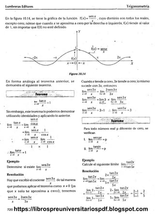 Lumbreras Editores Trigonometría
sen x
En la figura 10.14, se tiene la gráfica de la función f(x) = -------, cuyo dominio son todos los reales,
excepto cero; nótese que cuando x se aproxima a cero por la derecha o izquierda, f(x) tiende al valor
de 1, sin importar que f(0) no esté definido.
En form a análoga al teorem a anterior, se
demuestra el siguiente teorema.
i : 1 ...
i Teorema
tanx
= 1
Cuando x tiende a cero, 3x tiende a cero; lo mismo
sucede con 3x, entonces
sen3x 3sen3x
lim-------- = lim -
x—
»0 y 3x-»0
lim
x—
>
0
X
sen3x
3x
sen3x
= Iim3 x lim ----------
X x->0 3x->0 3x
Sin embargo, este teorema lo podemos demostrar
utilizando identidades y aplicando lo anterior,
senx
lim
x—
>
0
tanx = lim cosx
*-»o X.
senx
= lim ------->
X-.0 X
=lim
*->0
senx
lim -------
x-<0 cosx
tanx ,
.-.lim------= 1
x->0 r
Ejemplo
Determine si existe lim sea^*
x-tO X
Resolución
Hay que escribir el cociente sen3x de tal manera
x
que podamos aplicar el teorema como x * 0 (ya
que x solo se aproxim a a cero); tenem os
sen3x _ 3sen3x
x 3x
.. sen3x „ , .. sen3x „
lim--------= 3x1 .-.lim ----------= 3
x—
»
0 x X
-+0 X
Teorema
Para todo número rea! p diferente de cero, se
verifican
. senpx
I. ltm-— — = p
II. l i m ^ H = p
J-0 X
Ejempl° tan2x
Calcule el siguiente límite lim--------
x-^otan5x
Resolución
lim
tan2x
2x
tan 2x
..... L= lim —
x-*otan5x x-*og^tanDX
lim 2
2x^0
tan2x
2x
5x
2x lim
2x->0
tan2x
2x _ 2x1
lim 5
5x-*0
tan5 x
5x
5x lim
5x-*0
tan5x 5*1
5x
2
' 5
720 https://librospreuniversitariospdf.blogspot.com
 