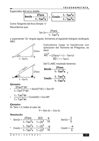T R I G O N O M E T R Í A
119
U N F V – C E P R E V I
Especiales del arco doble
x
Tan
1
2Tanx
Sen2x
2
+
= y
x
Tan
1
x
Tan
1
Cos2x
2
2
+
−
=
Como Tangente del Arco Simple “x”
Recordemos que:
Tan 2x =
x
Tan
1
Tanx
2
2
−
y suponiendo “2x” ángulo agudo, formamos el siguiente triángulo rectángulo
ABC:
Calculamos luego la hipotenusa con
aplicación del Teorema de Pitágoras, es
decir:
2
AC = (2Tanx)2
+ (1 – Tan2
x)2
→ AC = 1 + Tan2
x
Del ABC mostrado tenemos:
x
Tan
1
2Tanx
Sen2x
2
+
=
y
x
Tan
1
x
Tan
1
Cos2x
2
2
+
−
=
Ejemplos
• 2
2Tan7º30'
1 Tan 7º30'
+
= Sen2(7º30’) = Sen15º
•
θ
+
θ
−
4
an
T
1
4
an
T
1
2
2
= Cos2(4θ) = Cos 8θº
Ejemplos
Si: Tanx = 3; hallar el valor de:
P = Sen 2x – Cos 2x
Resolución
* Sen2x =
x
Tan
1
Tanx
2
2
+
=
2
)
3
(
1
)
3
(
2
+
=
6
10
→ Sen2x =
5
3
* Cos2x =
x
Tan
1
x
Tan
1
2
2
+
−
= 2
2
)
3
(
1
)
3
(
1
+
−
=
8
10
−
→ Cos2x =
5
4
−
2x
C
B
A
2
2Tanx
1 Tan x
2x
C
B
A
2
1 + Tan
x
2
2Tanx
1 Tan x
 