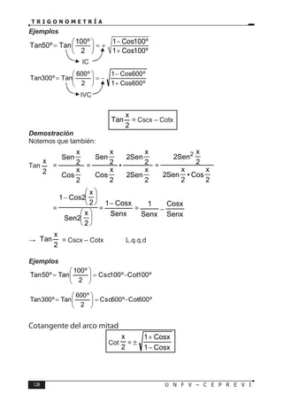 128 U N F V – C E P R E V I
T R I G O N O M E T R Í A
Ejemplos
100º 1 Cos100º
Tan50º Tan
2 1 Cos100º
−
 
= = +
 
+
 
º
600
Cos
1
º
600
Cos
1
2
º
600
Tan
º
300
Tan
+
−
−
=








=
2
x
Tan = Cscx – Cotx
Demostración
Notemos que también:
Tan
2
x
=
2
x
Cos
2
x
Sen
=
2
x
Sen
2
2
x
Sen
2
•
2
x
Cos
2
x
Sen
=
2
x
Cos
•
2
x
Sen
2
2
x
Sen
2 2
		 =












−
2
x
2
Sen
2
x
2
Cos
1
=
Senx
Cosx
1−
=
Senx
Cosx
Senx
1
−
∴
2
x
Tan = Cscx – Cotx L.q.q.d
Ejemplos
º
100
Cot
º
100
Csc
2
º
100
Tan
º
50
Tan −
=








=
º
600
Cot
º
600
Csc
2
º
600
Tan
º
300
Tan −
=








=
Cotangente del arco mitad
Cot
2
x
=
Cosx
1
Cosx
1
−
+
±
IC
IVC
 