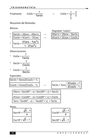 140 U N F V – C E P R E V I
T R I G O N O M E T R Í A
Finalmente: Cot3x =
x
3
Tan
1
→ Cot3x =
3
2
1
=
2
3
Resumen de fórmulas
Básicas:
						Degradan “cubos”:
* Sen3x = 3Senx – 4Sen3
x → 4Sen3
x = 3Senx – Sen3x
* Cos3x = 4Cos3
x – 3Cosx → 4Cos3
x = 3Cosx + Cos3x
* Tan3x =
x
Tan
3
1
x
Tan
Tanx
3
2
3
−
−
Observaciones:
* Cot3x =
x
3
Tan
1
* Sec3x =
x
3
Cos
1
* Csc3x =
x
3
Sen
1
Especiales:
Sen3x = Senx(2Cos2x + 1)
Cos3x = Cosx(2Cos2x – 1) ⇒ Tan3x = Tanx 







−
+
1
x
2
Cos
2
1
x
2
Cos
2
4Senx • Sen(60º – x) • Sen(60º + x) = Sen3x
4Cosx • Cos(60º – x)• Cos(60º + x) = Cos3x
Tanx • Tan(60º – x) • Tan(60º + x) = Tan3x
Notas
Sen18º =
4
1
5 −
			Cos36º =
4
1
5 +
Csc18º = 1
5 + 			Sec36º = 1
5 −
 
