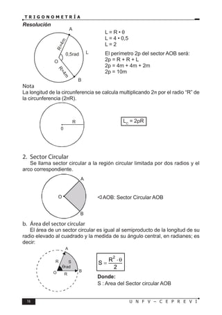 16 U N F V – C E P R E V I
T R I G O N O M E T R Í A
Resolución
L = R • θ
L = 4 • 0,5
L = 2
El perímetro 2p del sector AOB será:
2p = R + R + L
2p = 4m + 4m + 2m
2p = 10m
Nota
La longitud de la circunferencia se calcula multiplicando 2π por el radio “R” de
la circunferencia (2πR).
LC
= 2pR
2. Sector Circular
Se llama sector circular a la región circular limitada por dos radios y el
arco correspondiente.
AOB: Sector Circular AOB
b. Área del sector circular
El área de un sector circular es igual al semiproducto de la longitud de su
radio elevado al cuadrado y la medida de su ángulo central, en radianes; es
decir:
2
R
S
2
⋅ θ
=
Donde:
S : Area del Sector circular AOB
0
R
A
B
O
R
R S
θrad
O B
A
 