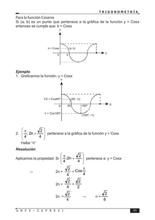T R I G O N O M E T R Í A
165
U N F V – C E P R E V I
Para la función Coseno
Si (a; b) es un punto que pertenece a la gráfica de la función y = Cosx
entonces se cumple que: b = Cosa
Ejemplo
1. Graficamos la función: y = Cosx
2.








+
π
4
2
n
2
;
4
pertenece a la gráfica de la función y = Cosx
Hallar “n”
Resolución
Aplicamos la propiedad. Si








+
π
4
2
n
2
;
4
pertenece a: y = Cosx
		 ⇒		 2n +
4
2
=
4
Cos
π
				2n +
4
2
=
2
2
				 2n =
4
2
⇒ n =
8
2
Y
X
0
(a; b)
b = Cosa
a
Y
X
0
(60; ½)
1/2 = Cos60º
60 180º
(180º; -1)
-1 = Cos180º
 
