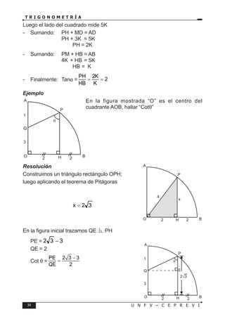 34 U N F V – C E P R E V I
T R I G O N O M E T R Í A
Luego el lado del cuadrado mide 5K
- Sumando: PH + MD = AD
			 PH + 3K = 5K
		 ∴ PH = 2K
- Sumando: PM + HB = AB
			 4K + HB = 5K
		 ∴ HB = K
- Finalmente: Tanα =
PH 2K
2
HB K
= =
Ejemplo
En la figura mostrada “O” es el centro del
cuadrante AOB, hallar “Cotθ”
Resolución
Construimos un triángulo rectángulo OPH;
luego aplicando el teorema de Pitágoras
3
2
x =
En la figura inicial trazamos QE PH
PE = 3
3
2 −
QE = 2
∴ Cot θ =
PE 2 3 3
QE 2
−
=
A
O B
P
H 2
2
4
x
A
O B
P
θ
Q
1
3
2 2
H
2 3
√
E
A
O B
P
θ
Q
1
3
2 2
H
 