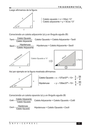 T R I G O N O M E T R Í A
41
U N F V – C E P R E V I
Luego afirmamos de la figura:
Conociendo un cateto adyacente (a) y un Ángulo agudo (θ):
Adyacente
Cateto
Opuesto
Cateto
Tan =
θ → Cateto Opuesto = Cateto Adyacente • Tanθ
Adyacente
Cateto
Hipotenusa
Sec =
θ → Hipotenusa = Cateto Adyacente • Secθ
Así por ejemplo en la figura mostrada afirmamos:
Conociendo un cateto opuesto (a) y un Ángulo agudo (θ)
Opuesto
Cateto
Adyacente
Cateto
Cot =
θ → Cateto Adyacente = Cateto Opuesto • Cotθ
Opuesto
Cateto
Hipotenusa
Csc =
θ → Hipotenusa = Cateto Opuesto • Cscθ
5
x
y
13º
Cateto opuesto = x = 5Sen 13°
Cateto adyacente = y = 5Cos 13°
{
3 39
Cateto Opuesto x 13Tan37º 13 •
4 4
5 65
Hipotenusa y 13Sec37º 13 •
4 4
 = = = =


 = = = =

 
