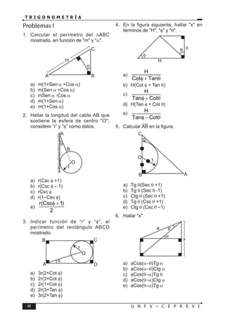 48 U N F V – C E P R E V I
T R I G O N O M E T R Í A
Problemas I
1. Calcular el perímetro del ∆ABC
mostrado, en función de "m" y "α".
C
B
A
m
a) m(1+Sen α +Cos α)
b) m(Sen α +Cos α)
c) mSen α -Cos α
d) m(1+Sen α)
e) m(1+Cos α)
2. Hallar la longitud del cable AB que
sostiene la esfera de centro "O";
considere “r” y "φ” como datos.
B
A
O
r
a) r(Csc φ +1)
b) r(Csc φ – 1)
c) rCsc φ
d) r(1–Csc φ)
e)
r(Csc 1)
2
φ +
3. Indicar función de “r” y “φ", el
perímetro del rectángulo ABCD
mostrado.
O
C
D
B
A
r
a) 3r(2+Cot φ)
b) 2r(3+Cot φ)
c) 2r(1+Cot φ)
d) 2r(3+Tan φ)
e) 3r(2+Tan φ)
4. En la figura siguiente, hallar "x" en
términos de "H", "φ" y "θ".
H
x
a)
H
Cot Tan
φ + θ
b) H(Cot φ + Tan θ)
c)
H
Tan Cot
φ + θ
d) H(Tan φ + Cot θ)
e)
H
Tan Cot
φ − θ
5. Calcular AB en la figura.
1
O
B
C
A
a) Tg θ(Sec θ +1)
b) Tg θ (Sec θ -1)
c) Ctg θ (Sec θ +1)
d) Tg θ (Csc θ +1)
e) Ctg θ (Csc θ –1)
6. Hallar "x"
a
x
a) aCos(α−θ)Tg α
b) aCos(α−θ)Ctg α
c) aCos(θ−α)Tg θ
d) aCos(θ−α)Ctg α
e) aCos(θ+α)Tg α
 