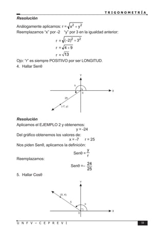 T R I G O N O M E T R Í A
59
U N F V – C E P R E V I
Resolución
Análogamente aplicamos: r = 2
2
y
x +
Reemplazamos “x” por -2 ∧ “y” por 3 en la igualdad anterior:
			 r =
2
2
3
)
2
( +
−
		 r = 9
4 +
			 r = 13
Ojo: “r” es siempre POSITIVO por ser LONGITUD.
4. Hallar Senθ
Resolución
Aplicamos el EJEMPLO 2 y obtenemos:
y = -24
Del gráfico obtenemos los valores de:
x = -7 ∧ r = 25
Nos piden Senθ, aplicamos la definición:
Senθ =
r
y
Reemplazamos:
Senθ =–
24
25
5. Hallar Cosθ
X
Y
25
(-7; y)
0
θ
X
Y
θ
(X; 4)
0
5
 