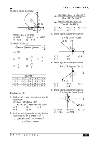 T R I G O N O M E T R Í A
67
U N F V – C E P R E V I
19. De la figura mostrada:
(-12;0)
(0;8)
x
y
O1
Halle: Tg α; O1
: Centro
a) –1/5 b) –5/12 c) –12/5
d) –13/5 e) –13/12
20. Halle: 3Cot φ, si:
3
Sen Sen Sen ...
2
φ + φ + φ + =
;
φ ∈ IIC
a) 7
− b)
7
2
− c)
3
2
−
d)
1
3
− e)
7
3
−
CLAVES I
1. b 2. c 3. c 4. d 5. e
6. e 7. d 8. e 9. e 10. b
11. a 12. b 13. e 14. d 15. a
16. b 17. c 18. c 19. e 20. a
Problemas II
1. Hallar el valor numérico de la
expresión:
E = Sen 180°+2Cos 180°
+3Sen 270°-5Sec 180°-6Csc270°
a) 2 b) 4 c) 6
d) 8 e) 10
2. Indicar los signos de las siguientes
expresiones, en el orden F, G, H.
2 3
3
(Sec285 Tan 138 Sen220 )
F
Csc 215 Cot338
°⋅ °⋅ °
=
°⋅ °
3 5
4
(Sen 260 Cos115 Csc116 )
G
(Csc 195 Tan 336 )
°⋅ °⋅ °
=
°⋅ °
7
Sen195 Cot340 Csc128
H
(Tan135 Sec298 )
°⋅ °⋅ °
=
°⋅ °
a) –, +, – b) –, –, + c) –, –, –
d) + , –, – e) +, +, +
3. De la figura calcular el valor de:
E = 5 Csc θ – Cot θ
x
y
(-2;1)
a) 1 b) 3 c) 5
d) 7 e) 9
4. De la figura calcular el valor de:
P = 13 (Sen α - Cos α)
x
y
(-3;-2)
a) -5 b) -3 c) -2
d) 1 e) 2
5. De la figura calcular el valor de:
E = (Sen θ + Cos θ)Csc θ
x
y
(7;-24)
a) 17/24 b) 24/17 c) 7/24
d) -17/24 e) -7/24
 