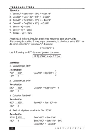 74 U N F V – C E P R E V I
T R I G O N O M E T R Í A
Ejemplos
1. Sen110º = Sen(180º – 70º) = +Sen70º
2. Cos230º = Cos(180º + 50º) = –Cos50º
3. Tan340º = Tan(360º – 20º) = – Tan20º
4. Cot400º = Cot(360º + 40º) = Cot40º
5. Sen(π – x) = Senx
6. Sen(π + x) = –Senx
7. Tan(2π – x) = –Tanx
Propiedad II: Para ángulos positivos mayores que una vuelta
Si a un ángulo positivo θ mayor que una vuelta, lo dividimos entre 360º nos
da como cociente “n” y residuo “α”. Es decir:
θ = n(360º) + α
Las R.T. de θ y las R.T. de α son iguales, por tanto:
R.T.[n(360º) + α] = R.T.(α)
Ejemplos
1. Calcular Sen 750º
Resolución
750º 360º ⇒ Sen750º = Sen30º =
2
1
30º 2
2. Calcular Cos 540º
Resolución
540º 360º ⇒ Cos540º = Cos180º = – 1
180º 1
3. Calcular: Tan 900º
Resolución
900º 360º ⇒ Tan900º = Tan180º = 0
180º 2
4. Reducir al primer cuadrante: Sen 3010º
Resolución
3010º 360º ⇒ Sen 3010º = Sen 130º
130º 8		 Sen 3010º = Sen(180º – 50º)
				 Sen 3010º = +Sen 50º
 