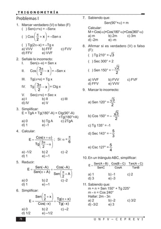 78 U N F V – C E P R E V I
T R I G O N O M E T R Í A
Problemas I
1. Marcar verdadero (V) o falso (F)
( ) Sen(π+x) = –Senx
( ) Cos x
2
π
 
+
 
 
= –Sen x
( ) Tg(2π–x) = –Tg x
a) VVV b) FFF c) FVV
d) FFV e) VVF
2. Señale lo incorrecto:
I. Sen(π–x) = Sen x
II. Cos
3
x
2
π
 
−
 
 
= –Sen x
III. Tg(π+x) = Tg x
IV. Tg 3
x
2
π
 
−
 
 
= Ctg x
V. Sec(π+x) = Sec x
a) I b) II c) III
d) IV e) V
3. Simplificar:
E = TgA + Tg(180°-A) + Ctg(90°-A)
+Tg(180°+A)
a) 0 b) Tg A c) 2TgA
d) 1 e) -1
4. Calcular:
Cos( )
E
3
Tg
2
π + α
=
π
 
− α
 
 
; Si: α =
6
π
a) -1/2 b) 2 c) -2
d) 1 e) –1
5. Reducir:
Sen( A) Cos( A)
E
Sen( A)
Sen A
2
− −
= +
π + π
 
+
 
 
a) 0 b) 2 c) -2
d) 1 e) –1
6. Simplificar:
Sen x
Tg( x)
2
E
Cos( x) Tg( x)
π
 
+
  π +
 
= +
− −
a) 0 b) 2 c) –2
d) 1/2 e) –1/2
7. Sabiendo que:
Sen(90°+α) = m
Calcular:
M = Cos(-α)+Cos(180°-α)+Cos(360°-α)
a) m b) 2m c) 3m
d) -2m e) -m
8. Afirmar si es verdadero (V) o falso
(F):
( ) Tg 210° = 3
( ) Sec 300° = 2
( ) Sen 150° =
2
2
−
a) VVF b) FVV c) FVF
d) FFV e) VVV
9. Marcar lo incorrecto:
a) Sen 120° =
3
2
b) Cos 150° = –
3
2
c) Tg 135° = -1
d) Sec 143° =
5
3
−
e) Csc 127° =
5
4
10. En un triángulo ABC, simplificar:
Sen(A B) Cos(B C) Tan(A C)
E
SenC CosA TanB
+ + +
= + −
a) 1 b) -1 c) 2
d) 3 e) -3
11. Sabiendo que:
m + n = Sen 150° + Tg 225°
m - n = Cos 240°
Hallar: 2m - 3n
a) 2 b) -2 c) 3/2
d) -3/2 e) 3
 