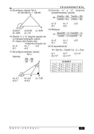T R I G O N O M E T R Í A
81
U N F V – C E P R E V I
15. De la figura, calcule: Tan θ.
Si: OA=AB=41 ^ OB=80
O
A
B
a) 20/21 b) 21/20 c) –9/40
d) –40/9 e) –1/2
16. Siendo “α“ y “β“ ángulos agudos de
un triángulo rectángulo, reducir:
P = Sec(α+2β)+Tan(2α+5β)
×Cot(β+4α)+Csc(2α+β)
a) –2 b) –1 c) 0
d) 1 e) 2
17. De la figura mostrada, calcule:
Tan α
Además:
ON NB
29 21
=
N B
A
O
a) –2,1 b) –4,2 c) –1,05
d) 2,1 e) 4,2
18. Siendo “α“ y “β“ ángulos
complementarios, calcular:
Cos(2 4 ) Tan(3 2 )
M
Cos(4 6 ) Cot(2 3 )
α + β α + β
= +
β + α α + β
a) –2 b) –1 c) 0
d) 1 e) 2
19. Reduzca:
Sen(230 ) Tan(300 )
P
Tan(60 ) Cos(400 )
° + θ ⋅ ° − θ
=
° + θ ⋅ ° − θ
a) –2 b) –1 c) 0
d) 1 e) 2
20. El equivalente de:
W = Sen Kπ – Cos(K+1)π ; k ∈ Z es:
a) 1 b) 1k
c) (–1)k
d) (-1)2k
e) (–1)k+1
CLAVES II
1. b 2. a 3. b 4. b 5. b
6. a 7. d 8. e 9. c 10. c
11. e 12. e 13. c 14. c 15. c
16. b 17. c 18. e 19. d 20. c
 