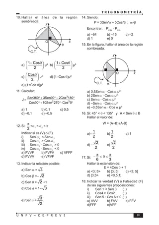 T R I G O N O M E T R Í A
89
U N F V – C E P R E V I
10. Hallar el área de la región
sombreada:
C.T.
O x
y
a)
1 Cos
2
− θ
 
 
 
µ² b)
1 Cos
2
+ θ
 
 
 
µ²
c)
Cos
2
θ
 
 
 
µ² d) (1–Cos θ)µ²
e) (1+Cos θ)µ²
11. Calcular:
3
2 3
Sen360 3Sen90 2Cos 180
J
Cos90 10Sen 270 Cos 0
° + ° − °
=
° + °⋅ °
a) 1 b) 0,1 c) 0,5
d) –0,1 e) –0,5
12. Si:
2
π
<α1
< α2
< π
Indicar si es (V) o (F)
i) Sen α1
< Sen α2
ii) Cos α1
> Cos α2
iii) Sen α2
· Cos α1
> 0
iv) Cos α2
· Sen α1
< 0
a) FVVF b) FVFV c) VFFF
d) FVVV e) VFVF
13. Indicar la relación posible:
a) Sen α = 3
b) Cos β =– 2
c) Sen θ = 2 +1
d) Cos φ = 1– 3
e) Sen γ =
3
2
14. Siendo:
P = 3Sen²α – 5Cos²β ; α≠β
Encontrar: Pmáx
· Pmin
a) –64 b) –15 c) –2
d) 1 e) 0
15. En la figura, hallar el área de la región
sombreada.
C.T.
O x
y
a) 0,5Sen α · Cos α µ²
b) 2Sen α · Cos α µ²
c) Sen α · Cos α µ²
d) –Sen α · Cos α µ²
e) –0,5Sen α · Cos α µ²
16. Si: 45° < θ < 135° y A < Sen θ ≤ B
Hallar el valor de:
W = (A+B) (A-B)
a)–
1
2
b)
1
2
c) 1
d)
2
2
− e)
2
2
17. Si:
6 3
π π
− < θ <
Hallar la extensión de:
E = 4Cos θ + 1
a) <3; 5> b) [3; 5] c) <3; 5]
d) [3;5> e) <0,5;1]
18. Indicar la verdad (V) o Falsedad (F)
de las siguientes proposiciones:
i) Sen 1 < Sen 3 ( )
ii) Cos4 > Cos2 ( )
iii) Sen 5 · Cos 6 > 0 ( )
a) VVV b) FVV c) FFV
d)FFF e)VFF
 