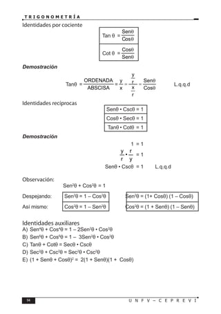 94 U N F V – C E P R E V I
T R I G O N O M E T R Í A
Identidades por cociente
					 Tan θ =
θ
θ
Cos
Sen
					 Cot θ =
θ
θ
Sen
Cos
Demostración
			 Tanθ =
ABSCISA
ORDENADA
=
θ
θ
=
=
Cos
Sen
r
x
r
y
x
y
L.q.q.d
Identidades recíprocas
					 Senθ • Cscθ = 1
					 Cosθ • Secθ = 1
					 Tanθ • Cotθ = 1
Demostración
						 1 = 1
						
y
r
•
r
y
= 1
					 Senθ • Cscθ = 1 L.q.q.d
Observación:
			 Sen2
θ + Cos2
θ = 1
Despejando: Sen2
θ = 1 – Cos2
θ ⇒ Sen2
θ = (1+ Cosθ) (1 – Cosθ)
Así mismo: Cos2
θ = 1 – Sen2
θ ⇒ Cos2
θ = (1 + Senθ) (1 – Senθ)
Identidades auxiliares
A) Sen4
θ + Cos4
θ = 1 – 2Sen2
θ • Cos2
θ
B) Sen6
θ + Cos6
θ = 1 – 3Sen2
θ • Cos2
θ
C) Tanθ + Cotθ = Secθ • Cscθ
D) Sec2
θ + Csc2
θ = Sec2
θ • Csc2
θ
E) (1 + Senθ + Cosθ)2
= 2(1 + Senθ)(1 + Cosθ)
 