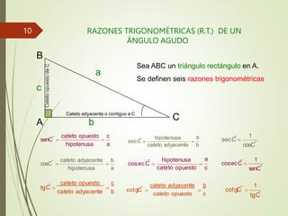 RAZONES TRIGONOMÉTRICAS (R.T.) DE UN
ÁNGULO AGUDO
hipotenusa
cateto opuesto c
a
hipotenusa
cateto adyacente b
a
cosCˆ
a
cateto opuesto c
hipotenusa
cosecC
ˆ
a
cateto adyacente b
hipotenusa
secC
ˆ
cateto opuesto c
cateto adyacente b
tgC
ˆ cateto adyacente b
cateto opuesto c
cotgCˆ
1
cosCˆ
secC
ˆ
1
senCˆ
cosecC
ˆ
tgC
ˆ
1
cotgCˆ
Sea ABC un triángulo rectángulo en A.
Se definen seis razones trigonométricas
C
A
senCˆ
B
a
c
Cateto adyacente o contiguo a C
b
10
 