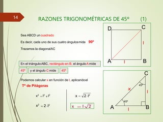 RAZONES TRIGONOMÉTRICAS DE 45º (1)
Sea ABCD uncuadrado
l
l
x
45º
Es decir, cada uno de sus cuatro ángulosmide
En el triánguloABC, rectángulo en B, el ánguloA mide
Trazamos la diagonalAC
90º
x2
l2
l2
Podemos calcular x en función de l, aplicandoel
Tª de Pitágoras
2 l2
x2
x 2 l2
x l 2
45º y el ángulo C mide 45º
A B
C
D
l
A B
C
l
45º
14
 