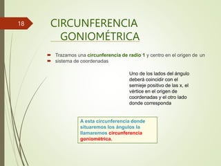 CIRCUNFERENCIA
GONIOMÉTRICA
18
 Trazamos una circunferencia de radio 1 y centro en el origen de un
 sistema de coordenadas
Uno de los lados del ángulo
deberá coincidir con el
semieje positivo de las x, el
vértice en el origen de
coordenadas y el otro lado
donde corresponda
A esta circunferencia donde
situaremos los ángulos la
llamaremos circunferencia
goniométrica.
 