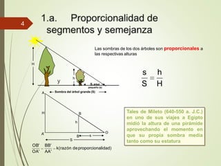 Sombra del árbol grande (S)
H
h
S. árbol
pequeño (s)
Las sombras de los dos árboles son proporcionales a
las respectivas alturas
H
h
S
s
O
A’
A
B’
B
k(razón deproporcionalidad)
OA' AA'
OB' BB'
s h
S H
Tales de Mileto (640-550 a. J.C.)
en uno de sus viajes a Egipto
midió la altura de una pirámide
aprovechando el momento en
que su propia sombra medía
tanto como su estatura
y
4
 