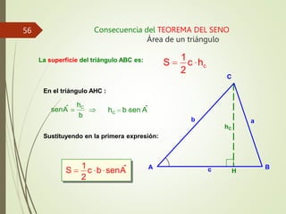 Consecuencia del TEOREMA DEL SENO
Área de un triángulo
hC
C
B
A
a
b
c H
La superficie del triángulo ABC es:
c
S
1
c h
2
En el triángulo AHC :
b
senA
ˆ hC
h b sen A
ˆ
C
Sustituyendo en la primera expresión:
S
1
c b senA
ˆ
2
56
 