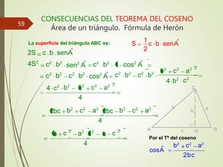 CONSECUENCIAS DEL TEOREMA DEL COSENO
Área de un triángulo. Fórmula de Herón
Por el Tª del coseno
La superficie del triángulo ABC es:
2
S
1
c b senA
ˆ
sen2
A
ˆ
2S c b senA
ˆ
4S2
cos2
A
ˆ
2bc
ˆ
cosA
b2
c2
a2
2
c2
4 b2
b2
c2
a2
1 cos2
A
ˆ
c2
b2
c2
b2
2
c2
a2
c2
b2
c2
b2
c2
b2
c2
b2
b2
b2
4 c2
4
2bc
2bc b2
c2
a2
4
b2
c2
a2
4
b
b c 2
a2
a2
c 2
hC
C
B
A
a
b
c H
59
 
