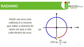 7
RADIANO
Medir um arco com
radianos é o mesmo
que saber o número de
vezes em que o raio
cabe dentro do arco.
 