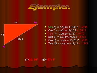 Sen, a) = c.o/h= 11/20.2 =   .5445 Cos “ = c.a/h =17/20.2 =   .8415 Tan  “=  c.o/c.a=11/17 =.6470 Sen b) = c.o/h=17/20.2 =.8415 Cos b) = c.a/h = 11/20.2 =.5445 Tan b9 = c.o/c.a =17/11 = 1.545 Ejemplo: 11 20.2 17 b) a) a)= 32 0  59’   b)=  57 0  1’ 