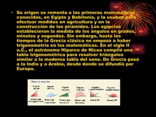 Su origen se remonta a las primeras matemáticas conocidas, en Egipto y Babilonia, y la usaban para efectuar medidas en agricultura y en la construcción de las pirámides. Los egipcios establecieron la medida de los ángulos en grados, minutos y segundos. Sin embargo, hasta los tiempos de la Grecia clásica no empezó a haber trigonometría en las matemáticas. En el siglo II a.C., el astrónomo Hiparco de Nicea compiló una tabla trigonométrica para resolver triángulos similar a la moderna tabla del seno. De Grecia pasó a la India y a Arabia, desde donde se difundió por Europa.  