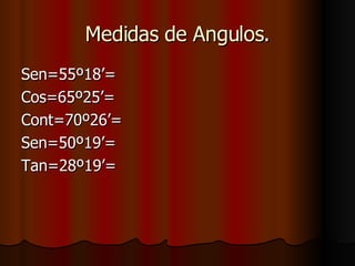 Medidas de Angulos. Sen=55º18’= Cos=65º25’= Cont=70º26’= Sen=50º19’= Tan=28º19’= 