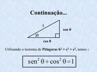 Continuação...

                         1
                                       sen θ
                   )θ
                         cos θ

Utilizando o teorema de Pitágoras h2 = c2 + c2, temos :

                     2             2
               sen           cos           1
 