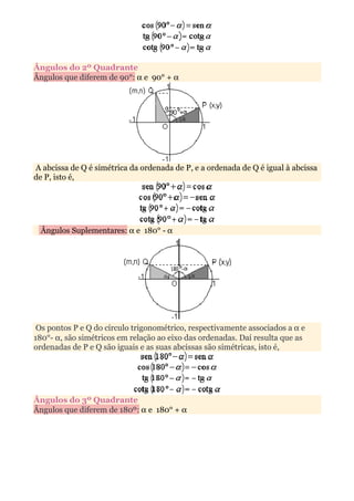 Ângulos do 2º Quadrante
Ângulos que diferem de 90°: α e 90° + α




A abcissa de Q é simétrica da ordenada de P, e a ordenada de Q é igual à abcissa
de P, isto é,




 Ângulos Suplementares: α e 180° - α




 Os pontos P e Q do círculo trigonométrico, respectivamente associados a α e
180°- α, são simétricos em relação ao eixo das ordenadas. Daí resulta que as
ordenadas de P e Q são iguais e as suas abcissas são simétricas, isto é,




Ângulos do 3º Quadrante
Ângulos que diferem de 180º: α e 180° + α
 
