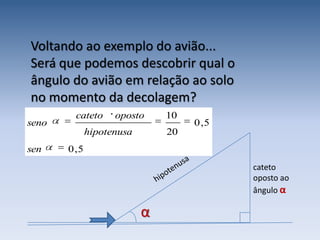 No triângulo retângulo temos:Definições:co – cateto oposto ao ângulo αh – hipotenusaSeno = medida do cateto oposto medida da hipotenusaαEssas razões são chamadasRazões Trigonométricas!Cosseno = medida do cateto adjacente medida da hipotenusaca – cateto adjacente ao ângulo αTangente = medida do cateto oposto medida do cateto adjacente
