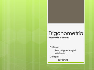 Trigonometría
repaso de la unidad
Profesor:
Ruiz, Miguel Angel
Alejandro
Colegio:
EET Nº 24
 