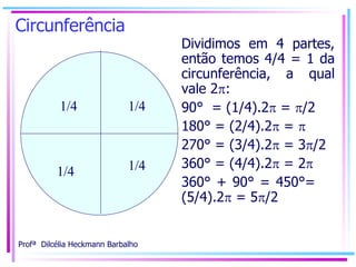 Circunferência Dividimos em 4 partes, então temos 4/4 = 1 da circunferência, a qual vale 2  : 90°  = (1/4).2   =   /2 180° = (2/4).2   =   270° = (3/4).2   = 3  /2 360° = (4/4).2   = 2  360° + 90° = 450°=  (5/4).2   = 5  /2 1/4 1/4 1/4 1/4 