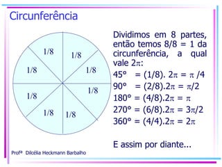 Circunferência Dividimos em 8 partes, então temos 8/8 = 1 da circunferência, a qual vale 2  : 45°  = (1/8). 2   =    /4 90°  = (2/8).2   =   /2 180° = (4/8).2   =   270° = (6/8).2   = 3  /2 360° = (4/4).2   = 2  E assim por diante... 1/8 1/8 1/8 1/8 1/8 1/8 1/8 1/8 