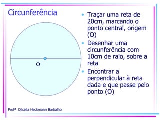 Circunferência Traçar uma reta de 20cm, marcando o ponto central, origem (O)  Desenhar uma circunferência com 10cm de raio, sobre a reta Encontrar a perpendicular à reta dada e que passe pelo ponto (O) O 