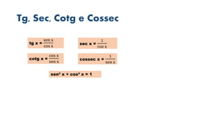 Tg, Sec, Cotg e Cossec
tg x =
sen x
cos x
cotg x =
cos x
sen x
sec x =
1
cos x
cossec x =
1
sen x
sen² x + cos² x = 1
 
