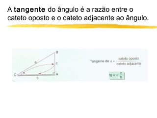 A tangente do ângulo é a razão entre o
cateto oposto e o cateto adjacente ao ângulo.
 