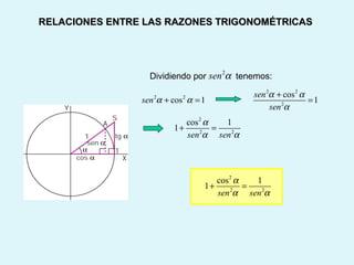 Dividiendo por tenemos:
2
sen α
2 2
cos 1sen α α+ =
2 2
2
cos
1
sen
sen
α α
α
+
=
2
2 2
cos 1
1
sen sen
α
α α
+ =
RELACIONES ENTRE LAS RAZONES TRIGONOMÉTRICASRELACIONES ENTRE LAS RAZONES TRIGONOMÉTRICAS
2
2 2
cos 1
1
sen sen
α
α α
+ =
 