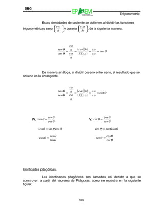 Escuelas Preparatorias
Oficiales del Estado de México
Trigonometría
SBG
Estas identidades de cociente se obtienen al dividir las funciones
trigonométricas seno 





h
oc.
y coseno 





h
ac.
, de la siguiente manera:
( )( )
( )( )
θ
θ
θ
tan
.
.
.
..
.
.
cos
====
ac
oc
ach
hoc
h
ac
h
oc
sen
De manera análoga, al dividir coseno entre seno, el resultado que se
obtiene es la cotangente.
( )( )
( )( )
θ
θ
θ
cot
.
.
.
..
.
cos
====
oc
ac
och
hac
h
oc
h
ca
sen
IV.
θ
θ
θ
cos
tan
sen
= V.
θ
θ
θ
sen
cos
cot =
θθθ costan=sen θθθ sencotcos =
θ
θ
θ
tan
cos
sen
=
θ
θ
θ
cot
cos
=sen
Identidades pitagóricas.
Las identidades pitagóricas son llamadas así debido a que se
construyen a partir del teorema de Pitágoras, como se muestra en la siguiente
figura:
105
 