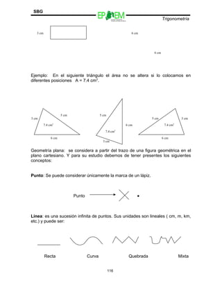 Escuelas Preparatorias
Oficiales del Estado de México
Trigonometría
SBG
6 cm
3 cm
5 cm
6 cm6 cm
6 cm
5 cm
3 cm
3 cm
6 cm
5 cm
Ejemplo: En el siguiente triángulo el área no se altera si lo colocamos en
diferentes posiciones A = 7.4 cm2
.
Geometría plana: se considera a partir del trazo de una figura geométrica en el
plano cartesiano. Y para su estudio debemos de tener presentes los siguientes
conceptos:
Punto: Se puede considerar únicamente la marca de un lápiz.
Punto •
Línea: es una sucesión infinita de puntos. Sus unidades son lineales ( cm, m, km,
etc.) y puede ser:
Recta Curva Quebrada Mixta
116
3 cm 6 cm
7.4 cm2
7.4 cm2
7.4 cm2
 