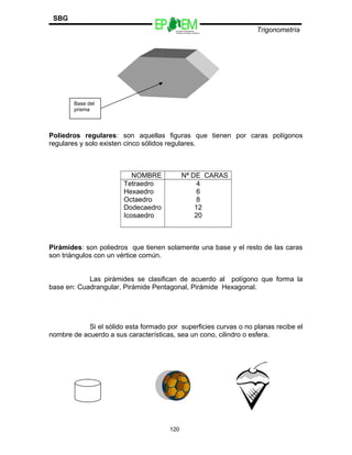 Escuelas Preparatorias
Oficiales del Estado de México
Trigonometría
SBG
Poliedros regulares: son aquellas figuras que tienen por caras polígonos
regulares y solo existen cinco sólidos regulares.
NOMBRE Nª DE CARAS
Tetraedro
Hexaedro
Octaedro
Dodecaedro
Icosaedro
4
6
8
12
20
Pirámides: son poliedros que tienen solamente una base y el resto de las caras
son triángulos con un vértice común.
Las pirámides se clasifican de acuerdo al polígono que forma la
base en: Cuadrangular, Pirámide Pentagonal, Pirámide Hexagonal.
Si el sólido esta formado por superficies curvas o no planas recibe el
nombre de acuerdo a sus características, sea un cono, cilindro o esfera.
120
Base del
prisma
 