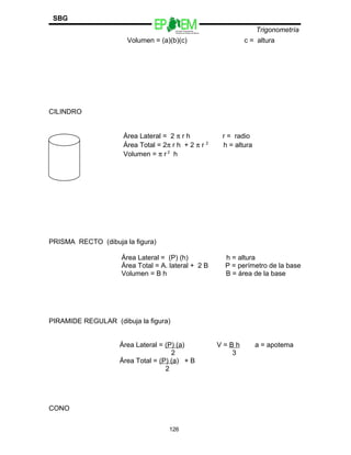 Escuelas Preparatorias
Oficiales del Estado de México
Trigonometría
SBG
Volumen = (a)(b)(c) c = altura
CILINDRO
Área Lateral = 2 π r h r = radio
Área Total = 2π r h + 2 π r 2
h = altura
Volumen = π r 2
h
PRISMA RECTO (dibuja la figura)
Área Lateral = (P) (h) h = altura
Área Total = A. lateral + 2 B P = perímetro de la base
Volumen = B h B = área de la base
PIRAMIDE REGULAR (dibuja la figura)
Área Lateral = (P) (a) V = B h a = apotema
2 3
Área Total = (P) (a) + B
2
CONO
126
 
