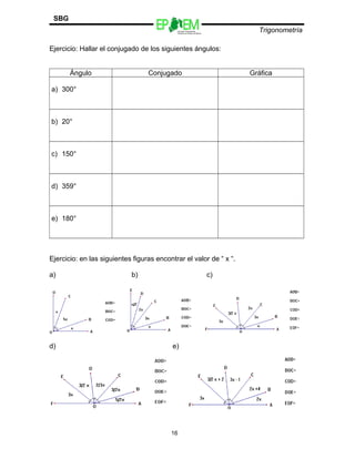 Escuelas Preparatorias
Oficiales del Estado de México
Trigonometría
SBG
Ejercicio: Hallar el conjugado de los siguientes ángulos:
Ángulo Conjugado Gráfica
a) 300°
b) 20°
c) 150°
d) 359°
e) 180°
Ejercicio: en las siguientes figuras encontrar el valor de “ x “.
a) b) c)
d) e)
16
 