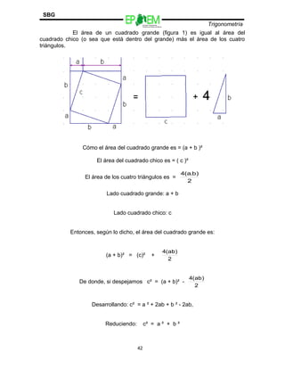 Escuelas Preparatorias
Oficiales del Estado de México
Trigonometría
SBG
El área de un cuadrado grande (figura 1) es igual al área del
cuadrado chico (o sea que está dentro del grande) más el área de los cuatro
triángulos.
Cómo el área del cuadrado grande es = (a + b )²
El área del cuadrado chico es = ( c )²
El área de los cuatro triángulos es =
2
)b.a(4
Lado cuadrado grande: a + b
Lado cuadrado chico: c
Entonces, según lo dicho, el área del cuadrado grande es:
(a + b)² = (c)² +
2
)ab(4
De donde, si despejamos c² = (a + b)² -
2
)ab(4
Desarrollando: c² = a ² + 2ab + b ² - 2ab,
Reduciendo: c² = a ² + b ²
42
 