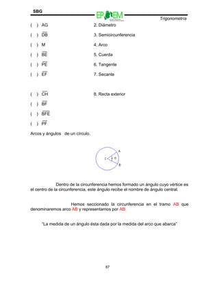 Escuelas Preparatorias
Oficiales del Estado de México
Trigonometría
SBG
( ) AG 2. Diámetro
__
( ) DB 3. Semicircunferencia
( ) M 4. Arco
__
( ) BE 5. Cuerda
__
( ) PE 6. Tangente
__
( ) EF 7. Secante
__
( ) CH 8. Recta exterior
__
( ) BF
___
( ) BFE
__
( ) PF
Arcos y ángulos de un círculo.
Dentro de la circunferencia hemos formado un ángulo cuyo vértice es
el centro de la circunferencia, este ángulo recibe el nombre de ángulo central.
Hemos seccionado la circunferencia en el tramo AB que
denominaremos arco AB y representamos por AB.
“La medida de un ángulo ésta dada por la medida del arco que abarca”
87
 