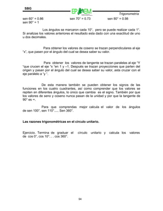 Escuelas Preparatorias
Oficiales del Estado de México
Trigonometría
SBG
sen 60° = 0.86 sen 70° = 0.73 sen 80° = 0.98
sen 90° = 1
Los ángulos se marcaron cada 10°, pero se puede realizar cada 1°.
Si analizas los valores anteriores el resultado esta dado con una exactitud de uno
u dos decimales.
Para obtener los valores de coseno se trazan perpendiculares al eje
“x”, que pasen por el ángulo del cual se desea saber su valor.
Para obtener los valores de tangente se trazan paralelas al eje “Y
“que crucen el eje “x “en 1 y –1. Después se trazan proyecciones que parten del
origen y pasan por el ángulo del cual se desea saber su valor, asta cruzar con el
eje paralelo a “y “.
De esta manera también se pueden obtener los signos de las
funciones en los cuatro cuadrantes, así como comprender que los valores se
repiten en diferentes ángulos, lo único que cambia es el signo. También por que
los valores de seno y coseno nunca pasan de la unidad y por que la tangente de
90° es ∞.
Para que comprendas mejor calcula el valor de los ángulos
de sen 100°, sen 110°..... Sen 360°.
Las razones trigonométricas en el círculo unitario.
Ejercicio. Termina de graduar el círculo unitario y calcula los valores
de cos 0°, cos 10°. . . cos 360°.
94
 