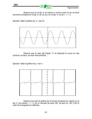 Escuelas Preparatorias
Oficiales del Estado de México
Trigonometría
SBG
Observa que en el eje “y” el máximo y mínimo valor es de, es decir
aumento la amplitud en el eje “y” de [2,-2], y en el eje “x” es de ( - ∞, ∞ ).
Ejemplo: hallar la gráfica de y = sen 2x
Observa que el valor del ángulo “x” al duplicarlo la curva es más
continua, es decir, se hace más periódica.
Ejemplo: hallar la gráfica de y = tan x.
Observa que para la gráfica de la función tangente los valores en el
eje “y” van desde ( - ∞, ∞), en un intervalo de cada 180º, es decir en –90º y 90º el
valor da la tangente es indefinido.
100
 