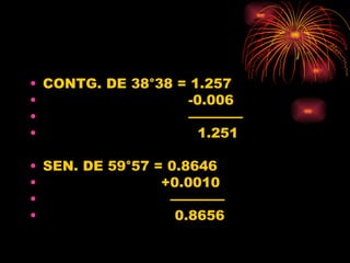 CONTG. DE 38 °38 = 1.257 -0.006 ———— 1.251 SEN. DE 59°57 = 0.8646 +0.0010 ———— 0.8656 