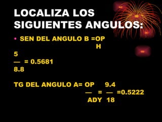 LOCALIZA LOS SIGUIENTES ANGULOS: SEN DEL ANGULO B =OP H 5 —  = 0.5681 8.8 TG DEL ANGULO A= OP  9.4 —  =  —  =0.5222 ADY  18 