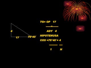 4 17 76 °40` TG= OP  17 ------=------- ADY  4 HIPOTENUSA  COS =76 °40`= 4 ----------  ---- 1  H 
